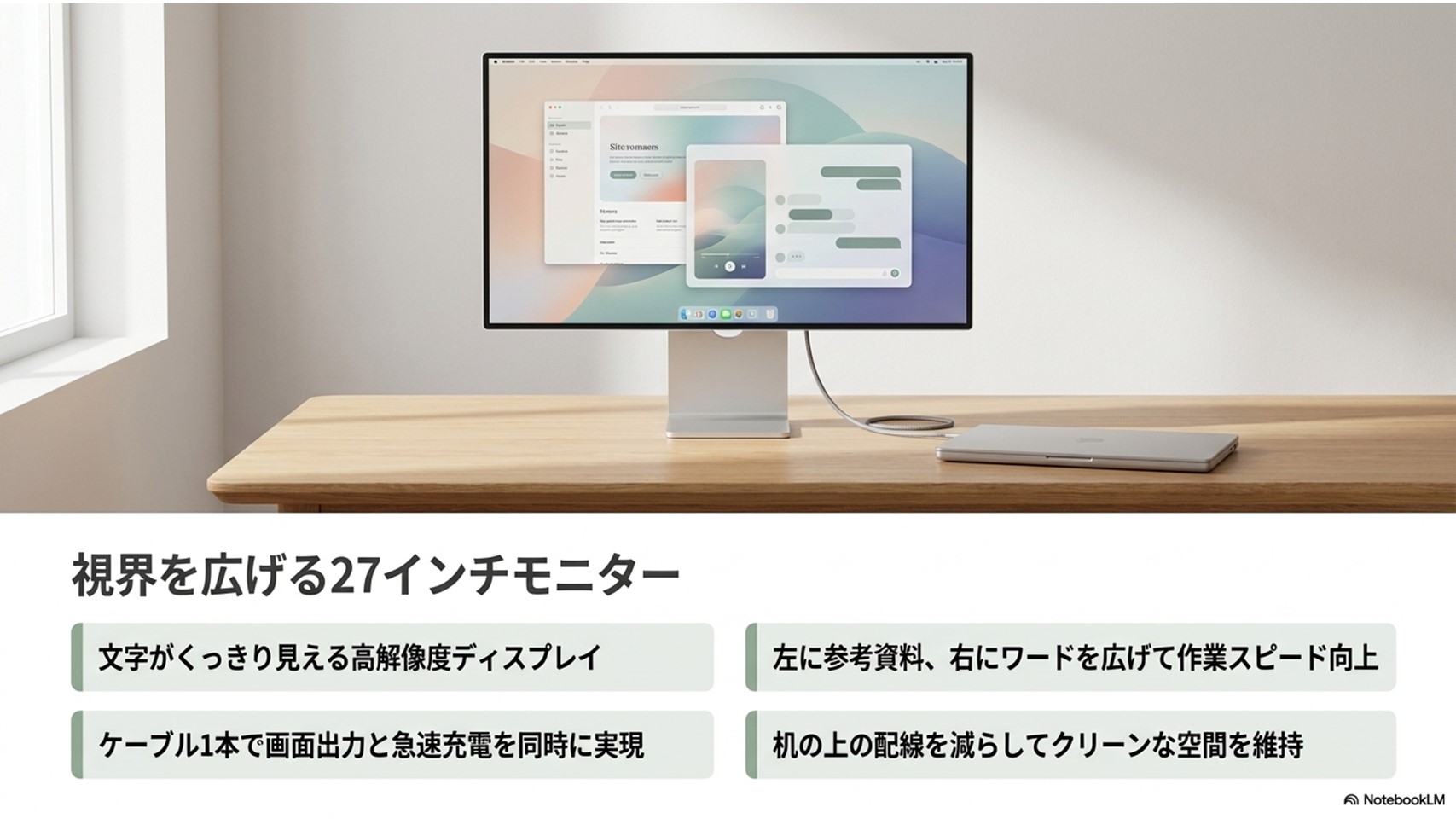 作業効率を上げる27インチ高解像度モニターの特徴。文字がくっきり見え、ケーブル1本で画面出力と充電が可能。画面を分割して参考資料とワードを同時に表示でき、デスク上の配線もスッキリする