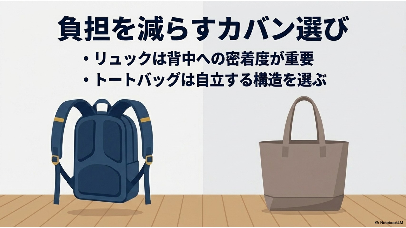 リュックとトートバッグ、それぞれの選び方のポイントを比較したスライド。リュックは密着度、トートは自立構造を重視することを強調