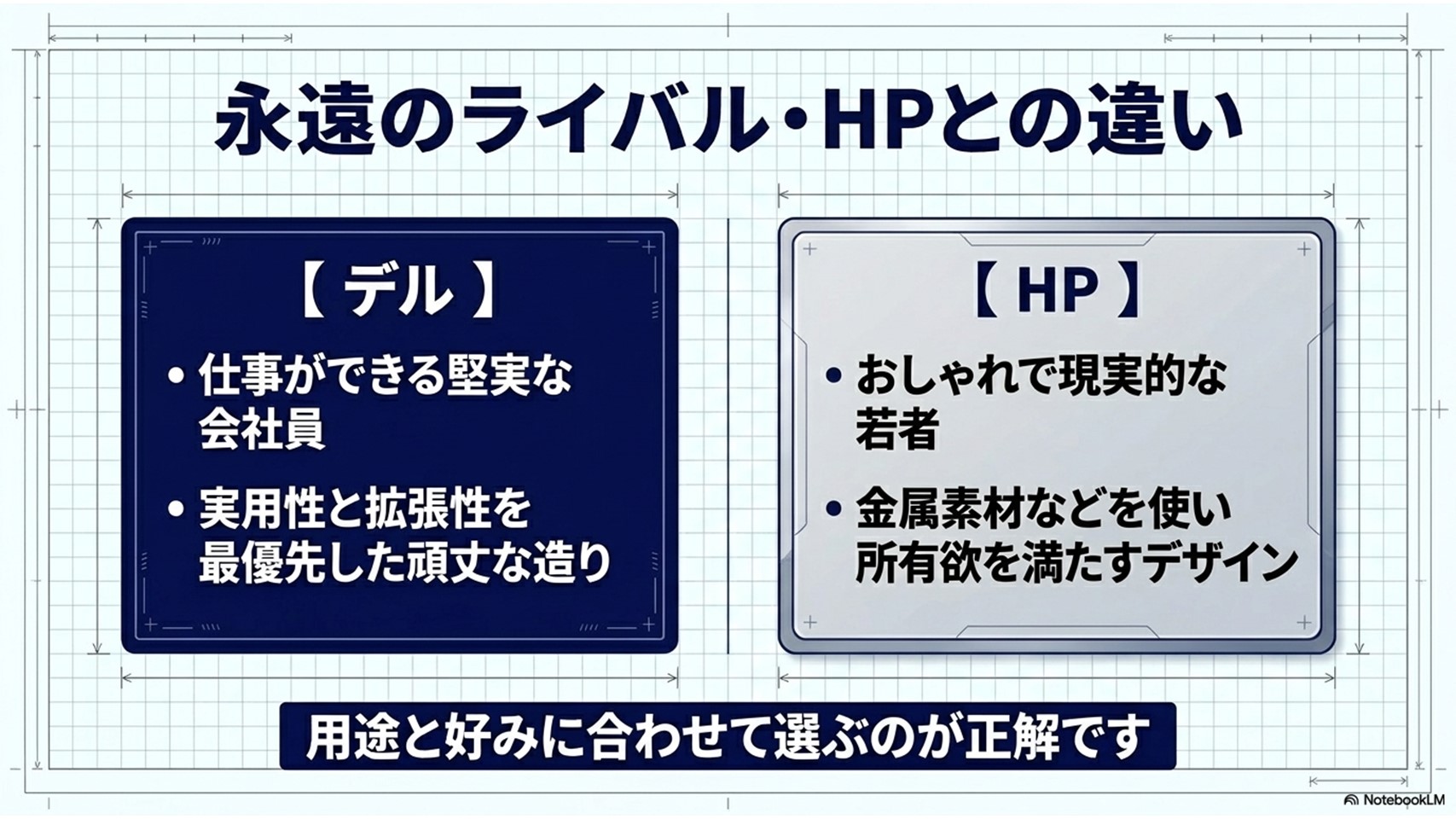 永遠のライバルHPとの違い。実用性と拡張性を最優先したデルと、おしゃれで所有欲を満たすデザインのHPを比較した図