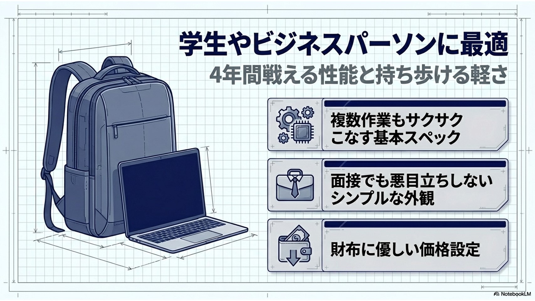 学生やビジネスパーソンに最適。複数作業をこなすスペック、面接でも悪目立ちしない外観、財布に優しい価格など4年間戦える性能を示す図