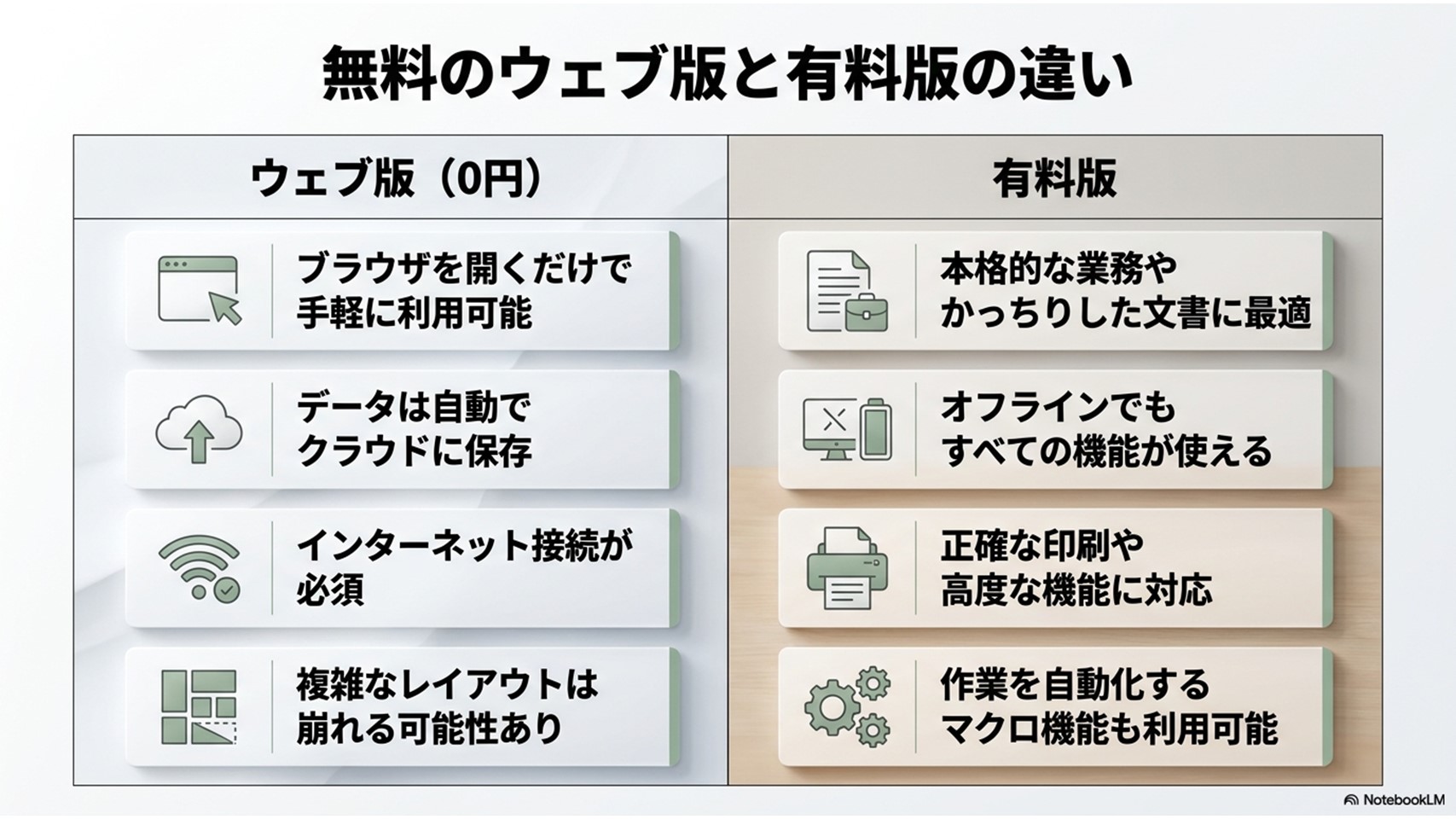 ワードの無料ウェブ版と有料版の機能比較表。無料版は手軽で自動保存されるがネット必須でレイアウト崩れのリスクあり。有料版は本格的な業務向けでオフライン対応、高度な機能やマクロが利用可能