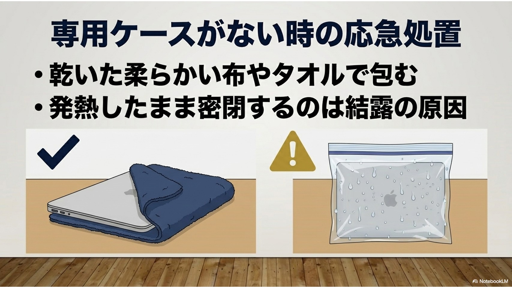 専用ケースがない時にタオルで包む方法と、ビニール袋を使用する際の結露リスクを警告するスライド