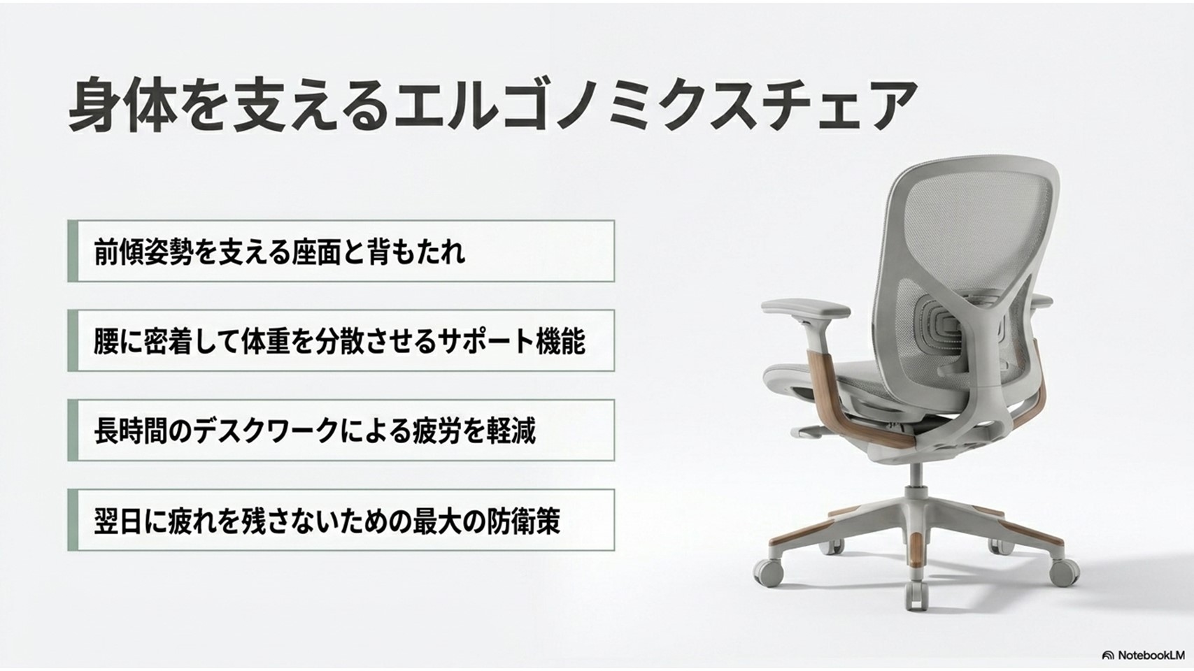 長時間のデスクワークを支えるエルゴノミクスチェアの特徴。前傾姿勢を支える座面と背もたれ、腰に密着して体重を分散させるサポート機能により、疲労を軽減し翌日に疲れを残さない