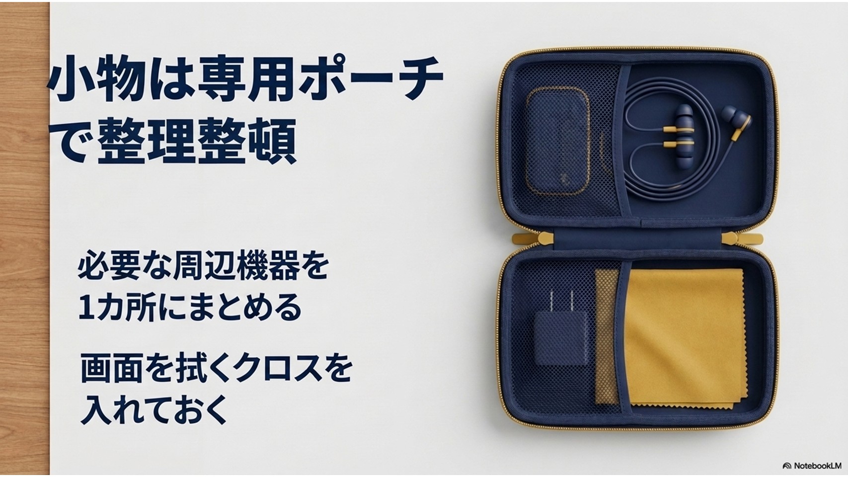 ガジェット類をポーチでモジュール化して管理するメリットと、クリーニングクロスなどのメンテ用品を常備するコツをまとめたスライド