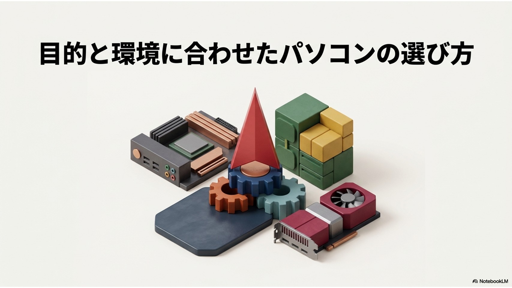マザーボードやグラフィックボードなどのPCパーツが組み合わさったイメージイラスト。「目的と環境に合わせたパソコンの選び方」というタイトルが記載されている