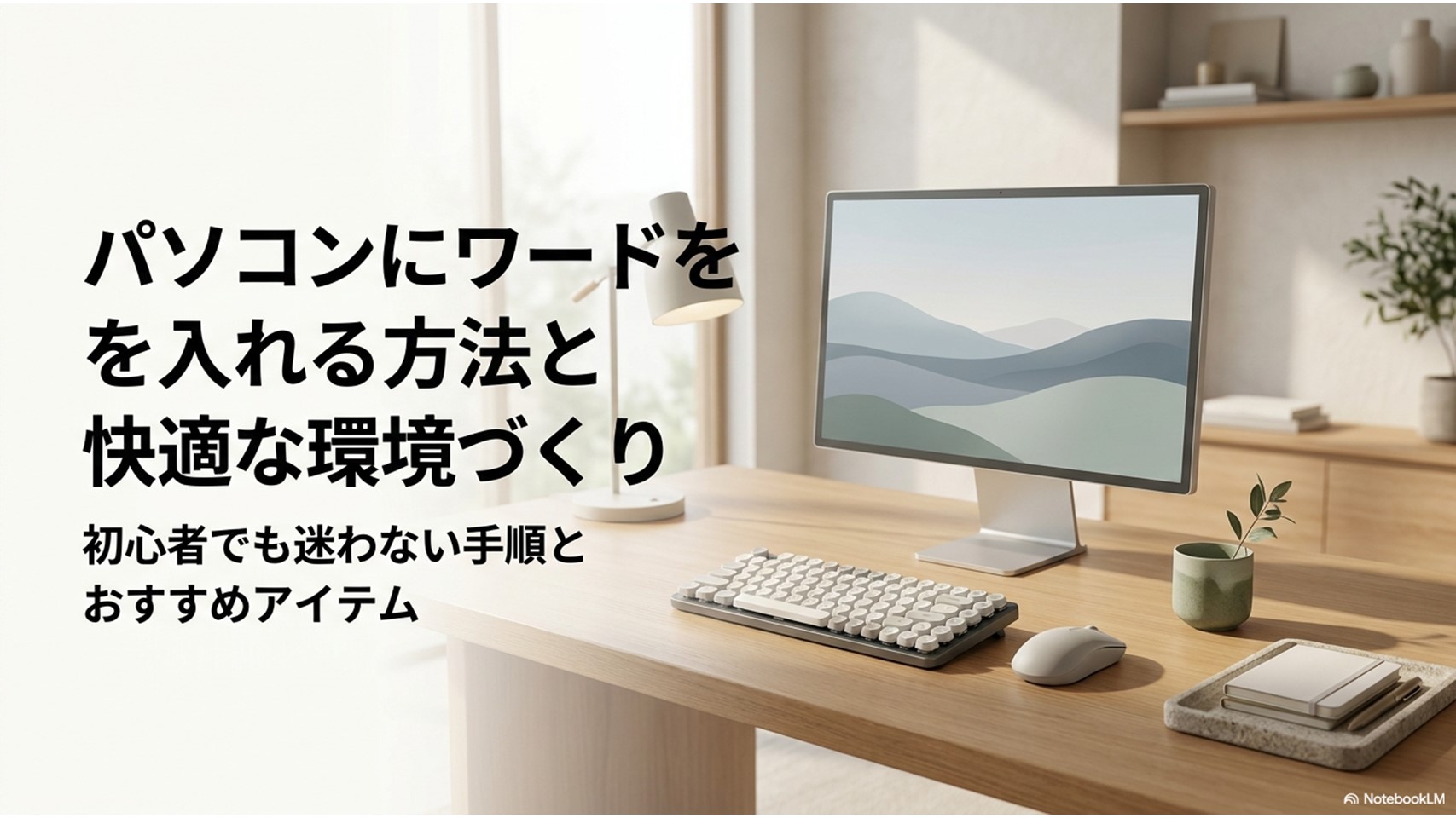 パソコンにワードを入れる初心者向けの手順と、快適な作業環境を作るためのおすすめアイテムを紹介するタイトル画像。整頓されたデスクにモニターやキーボードが配置されている