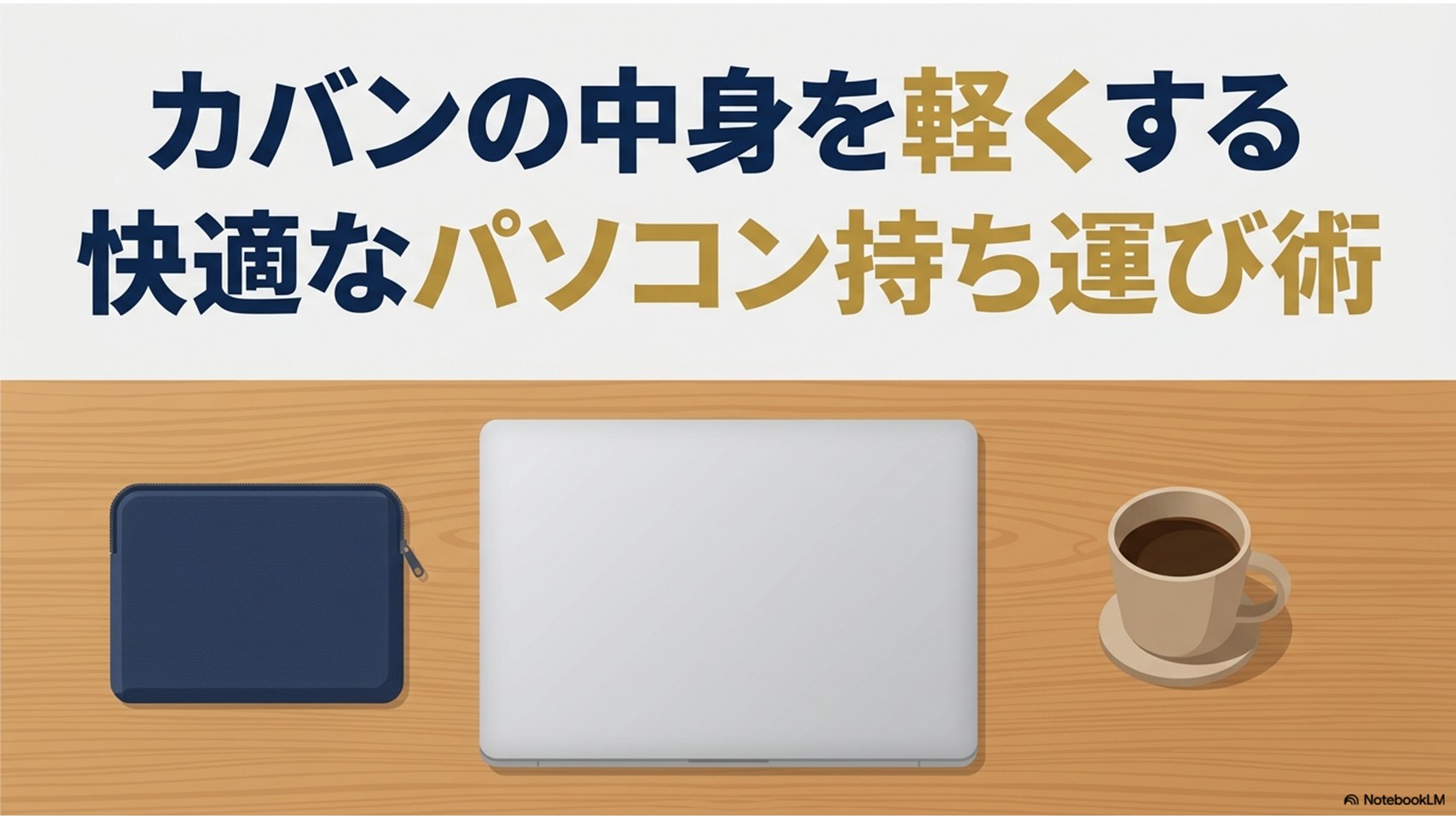 ノートパソコンを快適に持ち運ぶためのコツをまとめたプレゼンテーションの表題スライド。青い背景に白抜き文字でタイトルが表示されている