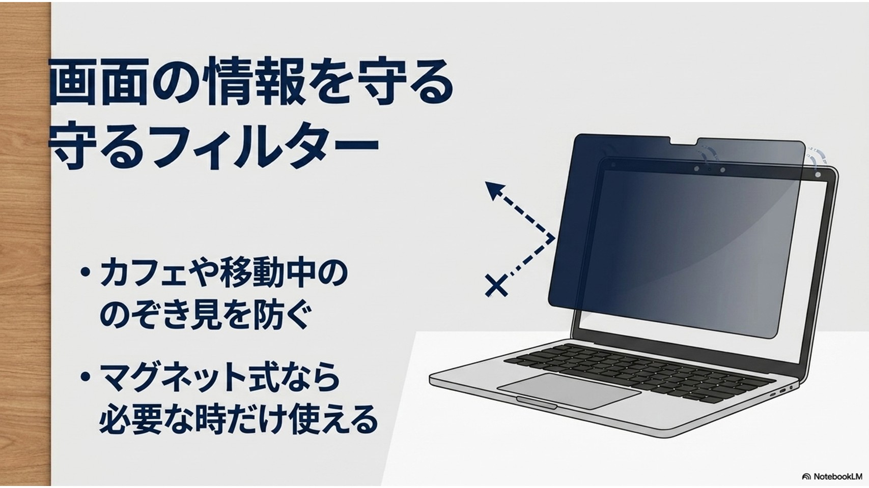 外出先での情報漏洩を防ぐプライバシーフィルターの効果を説明するスライド。マグネット式による着脱の利便性を強調