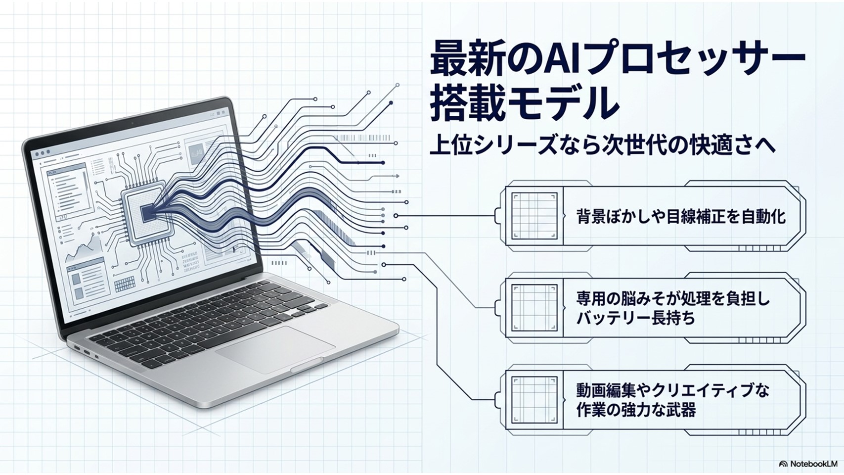 最新のAIプロセッサー搭載モデルのメリット。背景ぼかしの自動化、バッテリー長持ち、クリエイティブ作業の強力な武器になることを解説した図