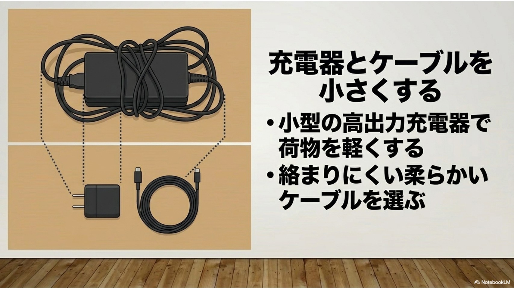 重い純正アダプターから小型のGaN(窒化ガリウム)充電器に乗り換えるメリットと、絡まないシリコンケーブルの利便性を説明するスライド