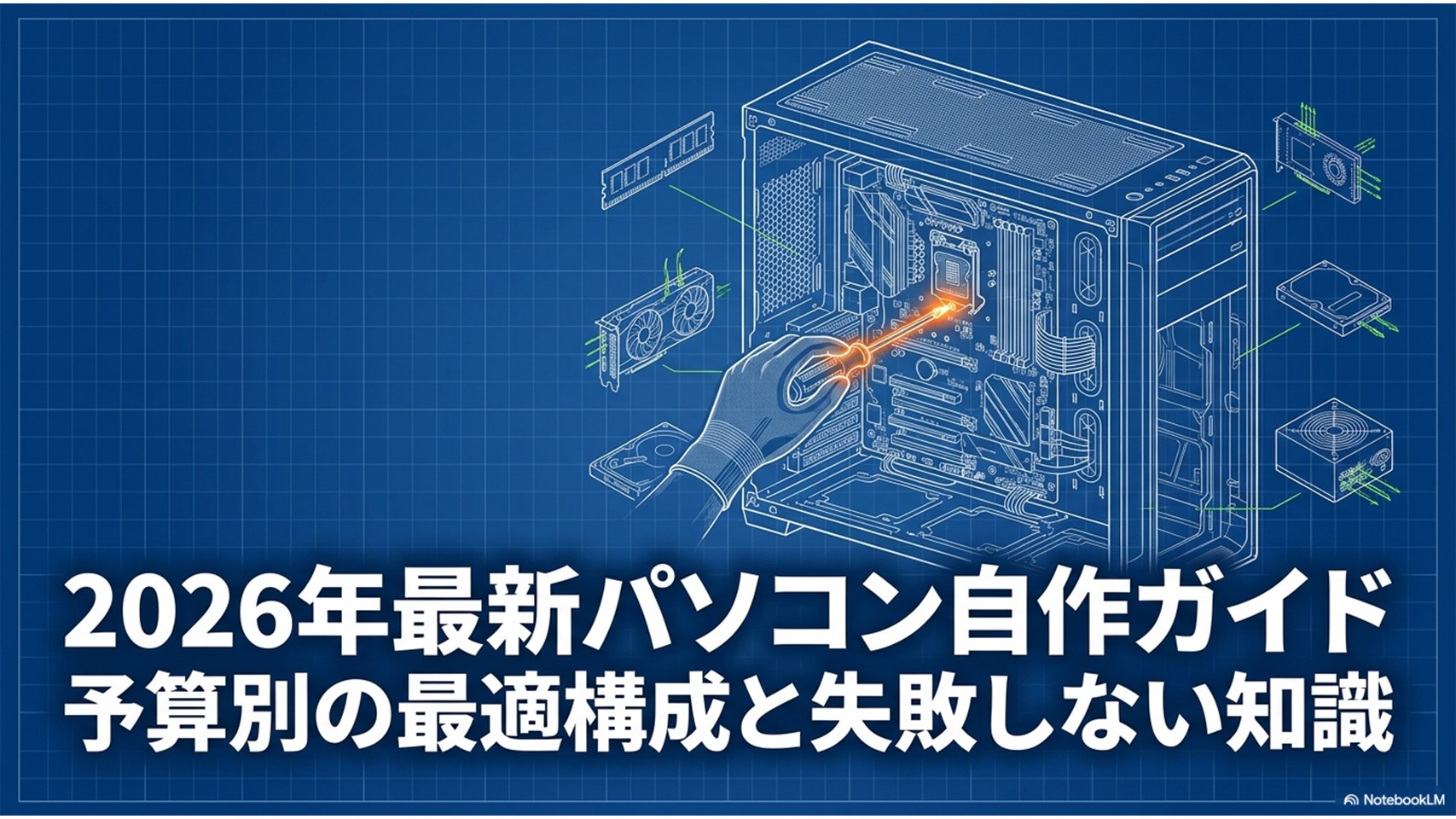 2026年最新版パソコン自作ガイド。予算別の最適構成と失敗しないための必須知識を解説するタイトルスライド