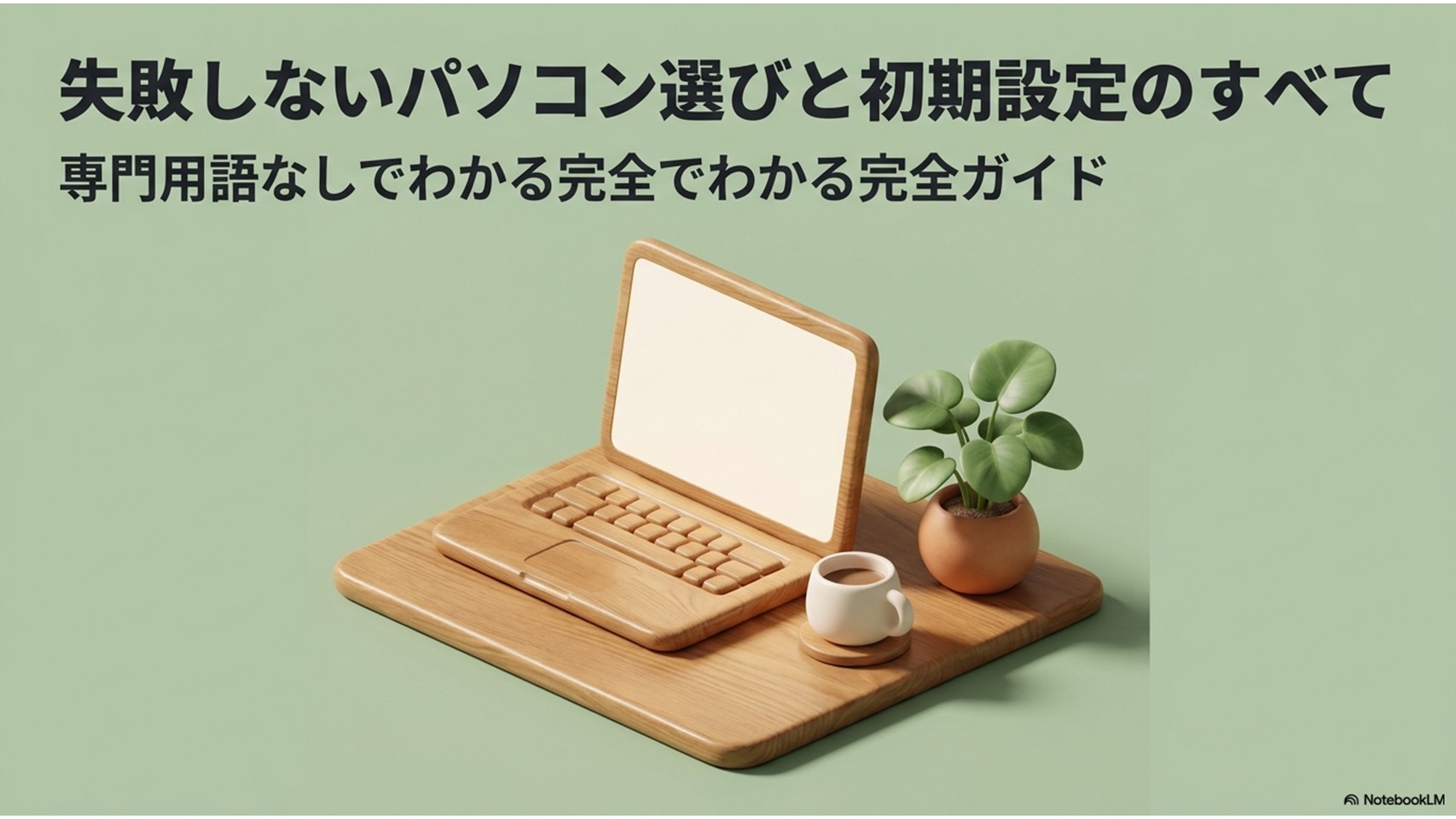 「失敗しないパソコン選びと初期設定のすべて」というタイトルのスライド。木目調のデスクにノートパソコン、コーヒー、観葉植物が並んだ温かみのある3Dイラストが描かれています
