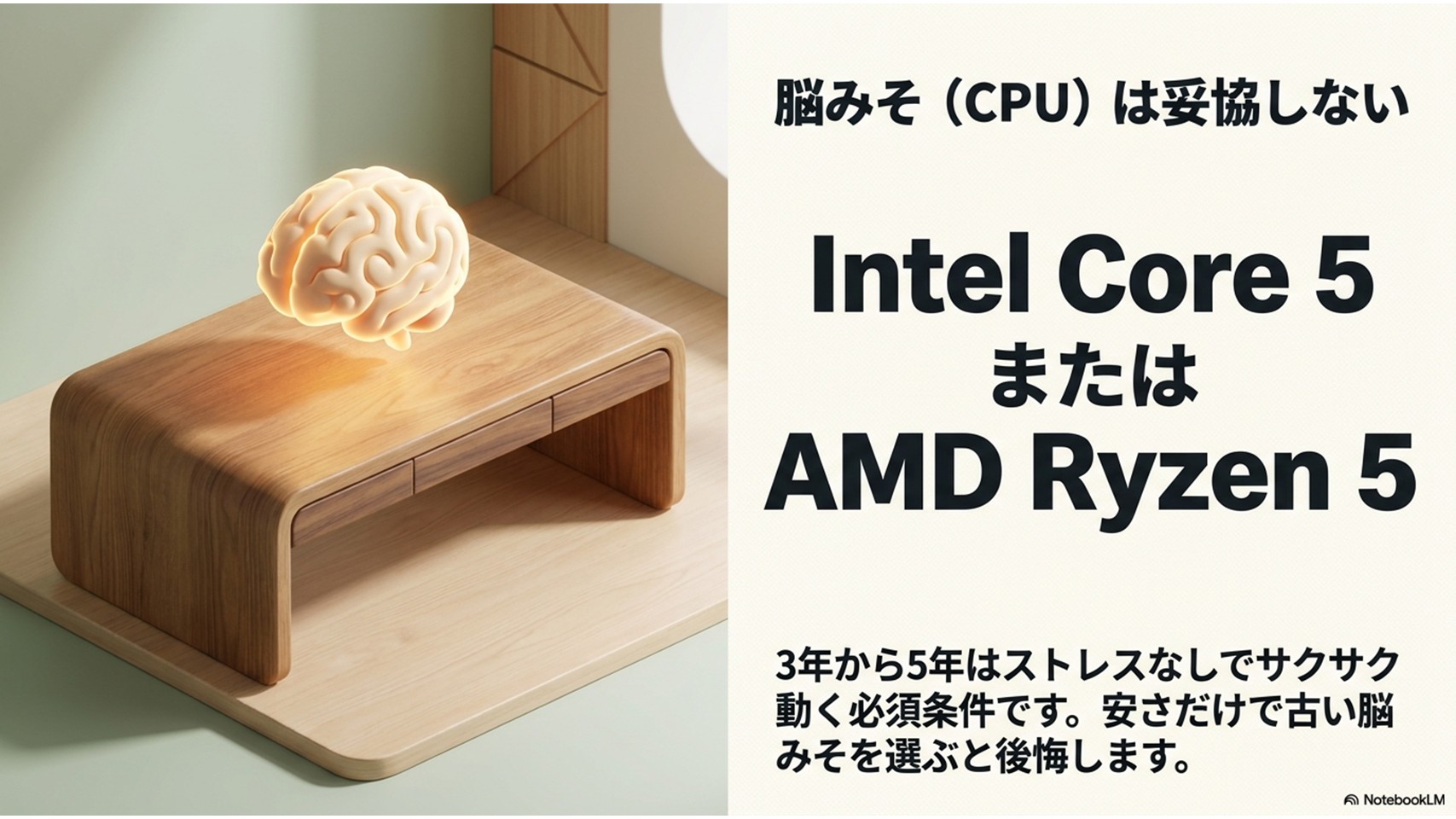「脳みそ(CPU)は妥協しない」という見出しのスライド。Intel Core 5 または AMD Ryzen 5を推奨しており、安さだけで古い脳みそ(CPU)を選ぶと後悔することを警告しています