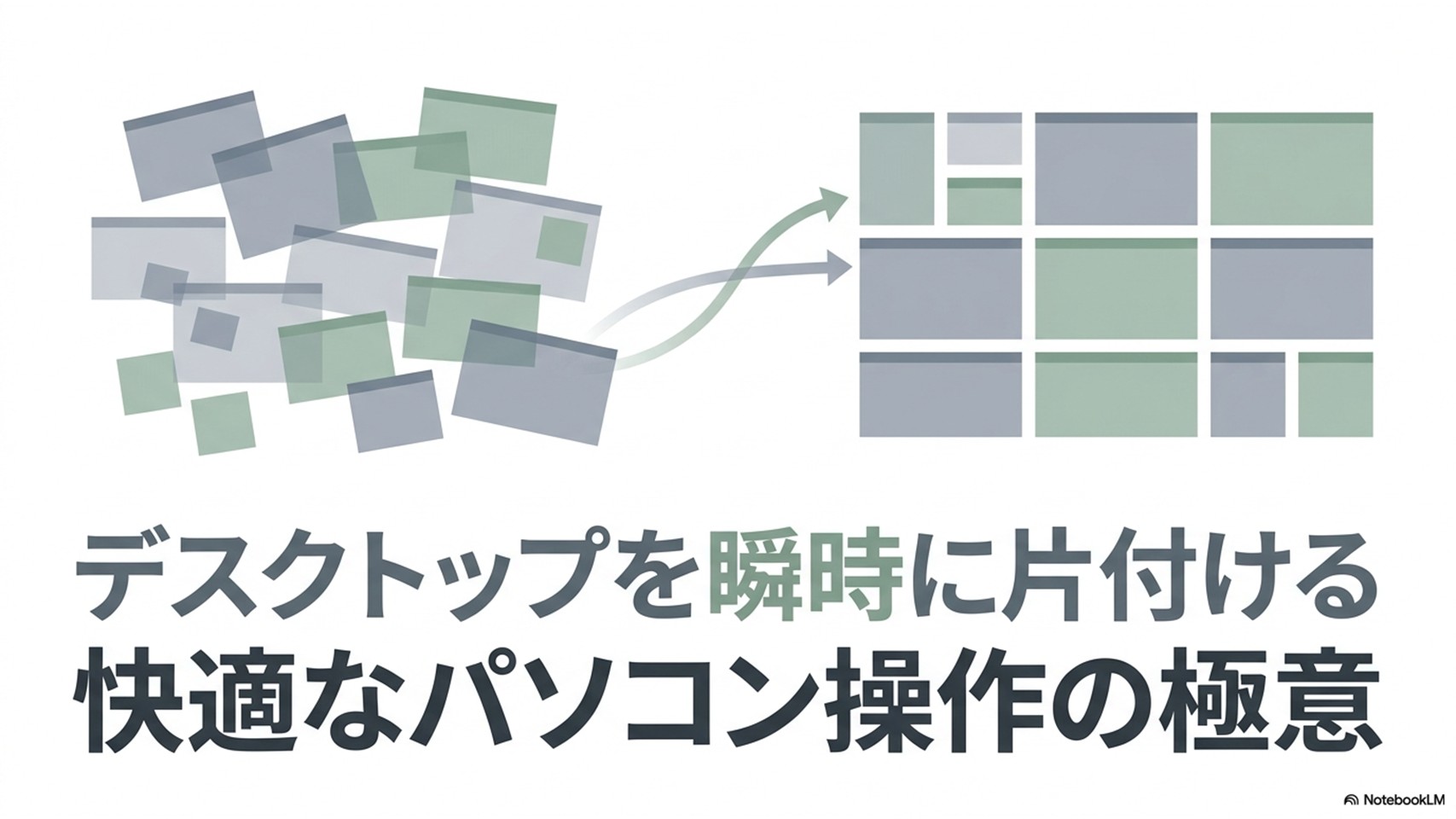 散らかった多数のウィンドウが一瞬で整理され、整然としたデスクトップに切り替わる様子をイメージした比較図