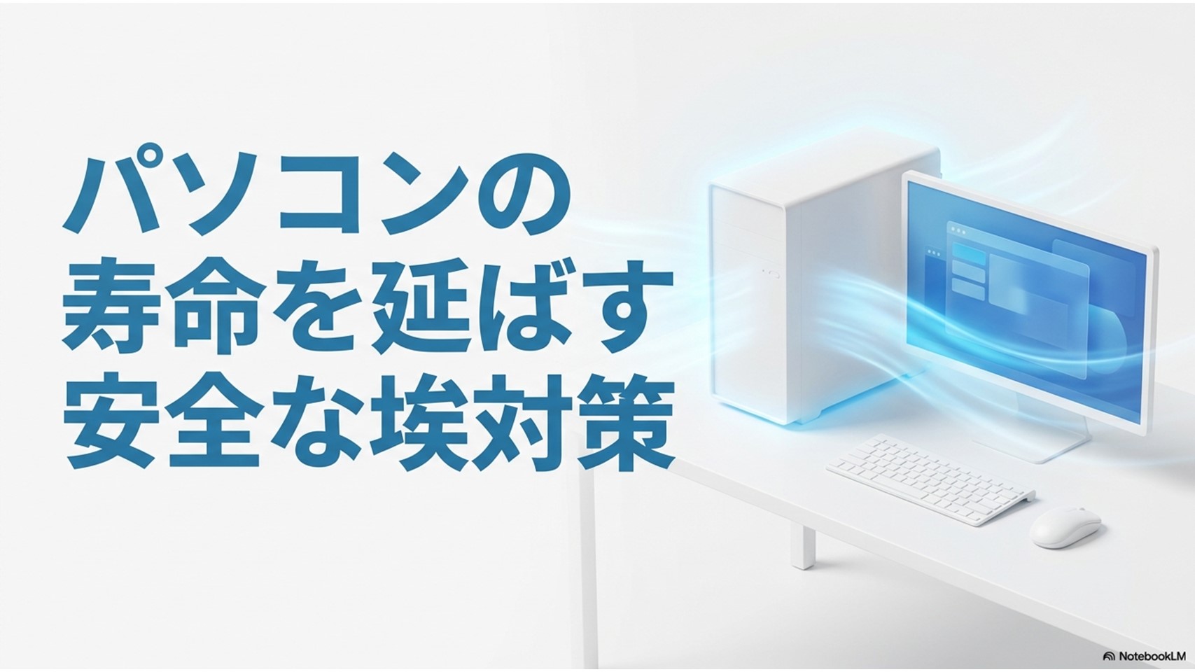 パソコンの寿命を延ばす安全な埃対策を解説するタイトルスライド