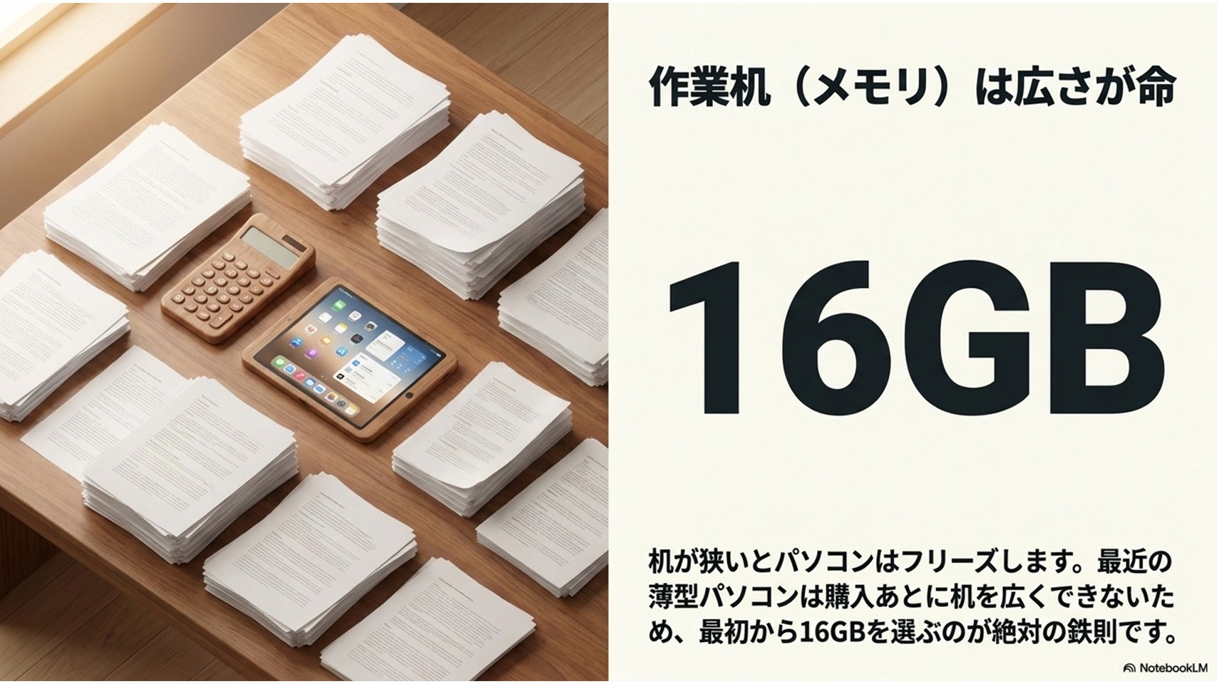 「作業机(メモリ)は広さが命」という見出しのスライド。16GBという数字が大きく強調され、メモリが狭いとフリーズすること、薄型PCは後から増設できないため最初から16GB選ぶべき理由が書かれています
