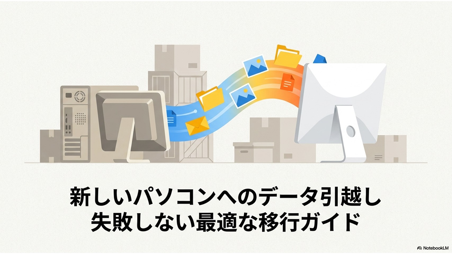 新しいパソコンへのデータ引越しを失敗せずに進めるための最適な移行ガイド。パソコン同士がデータでつながっているイラスト