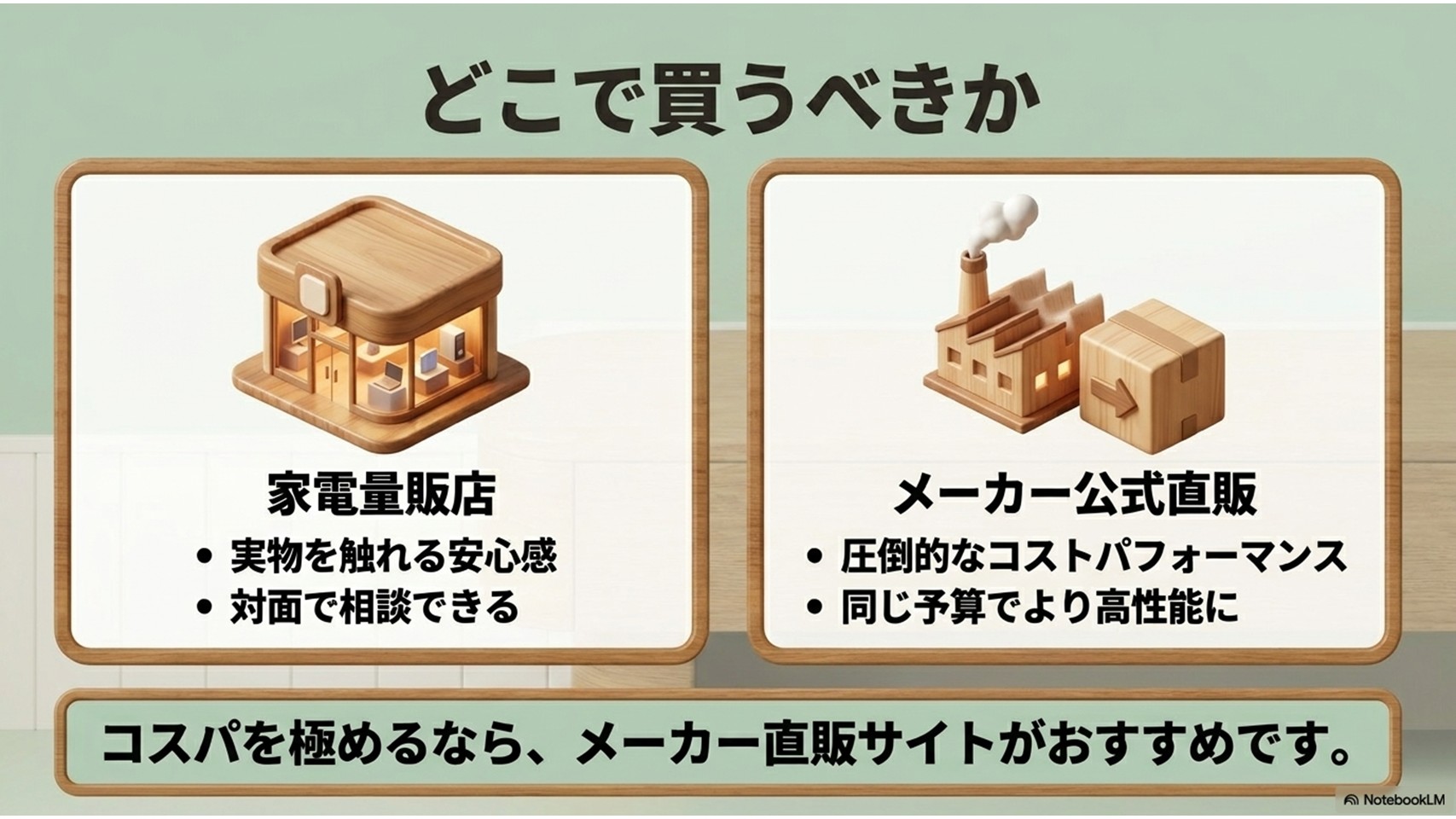 「どこで買うべきか」という見出しのスライド。家電量販店(安心感・対面相談)とメーカー公式直販(高コスパ・高性能)を比較し、コスパを極めるなら直販サイトがおすすめであると解説しています