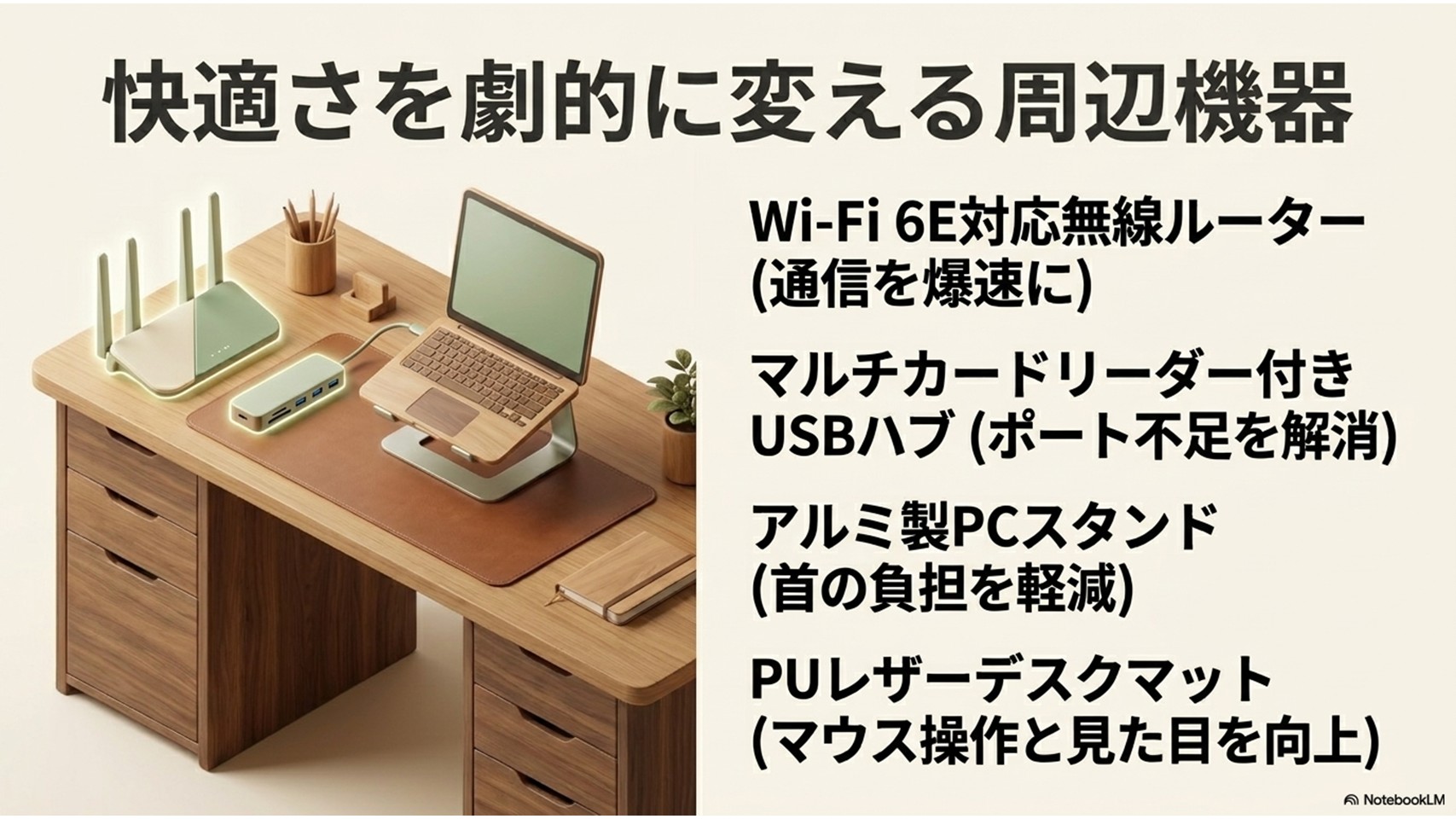 「快適さを劇的に変える周辺機器」という見出しのスライド。Wi-Fi 6Eルーター、USBハブ、PCスタンド、デスクマットの4点について、それぞれの導入メリットが紹介されています