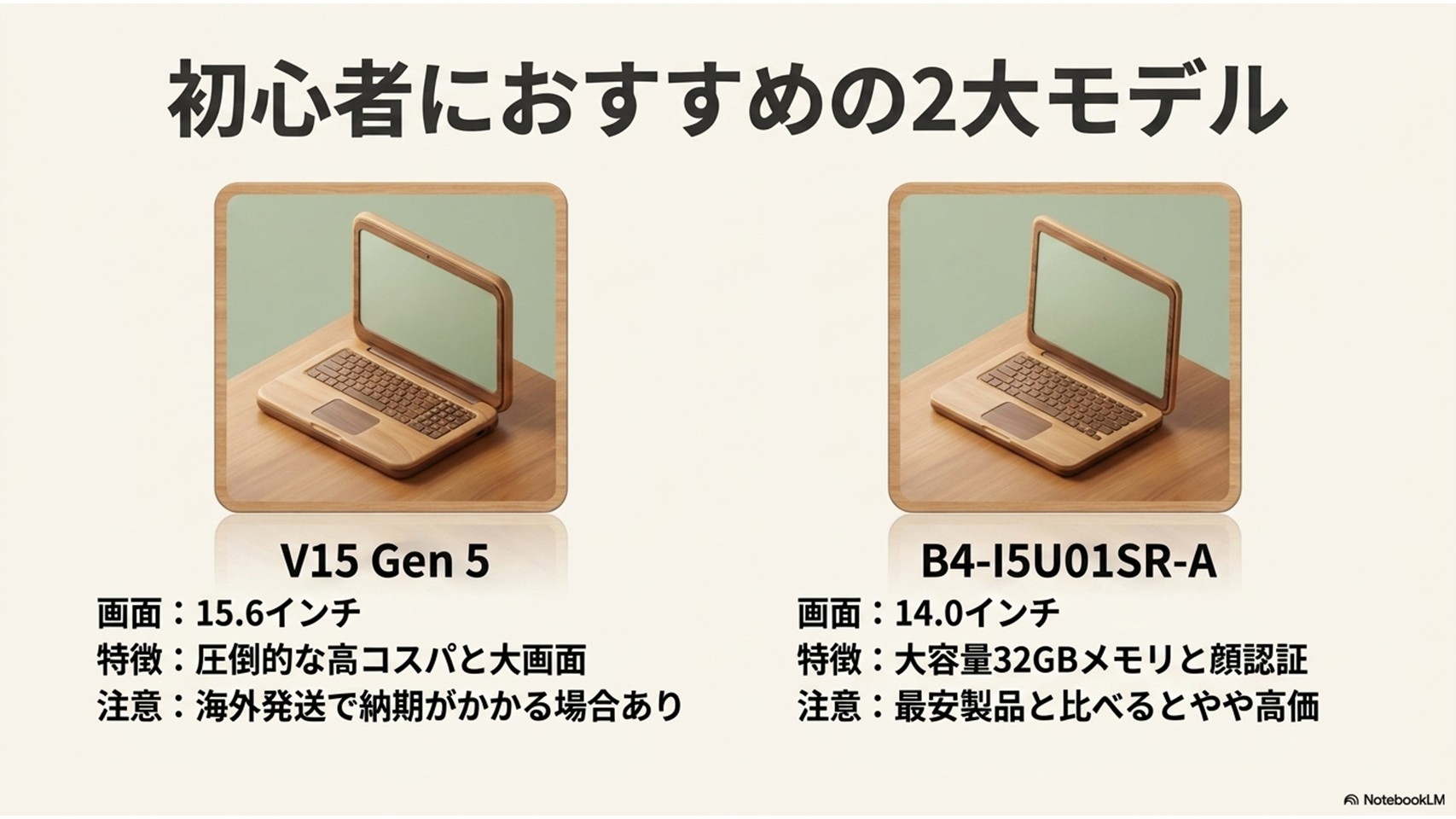 「初心者におすすめの2大モデル」という見出しのスライド。「Lenovo V15 Gen 5」と「mouse B4-I5U01SR-A」の写真と、それぞれの特徴・注意点が比較形式でまとめられています