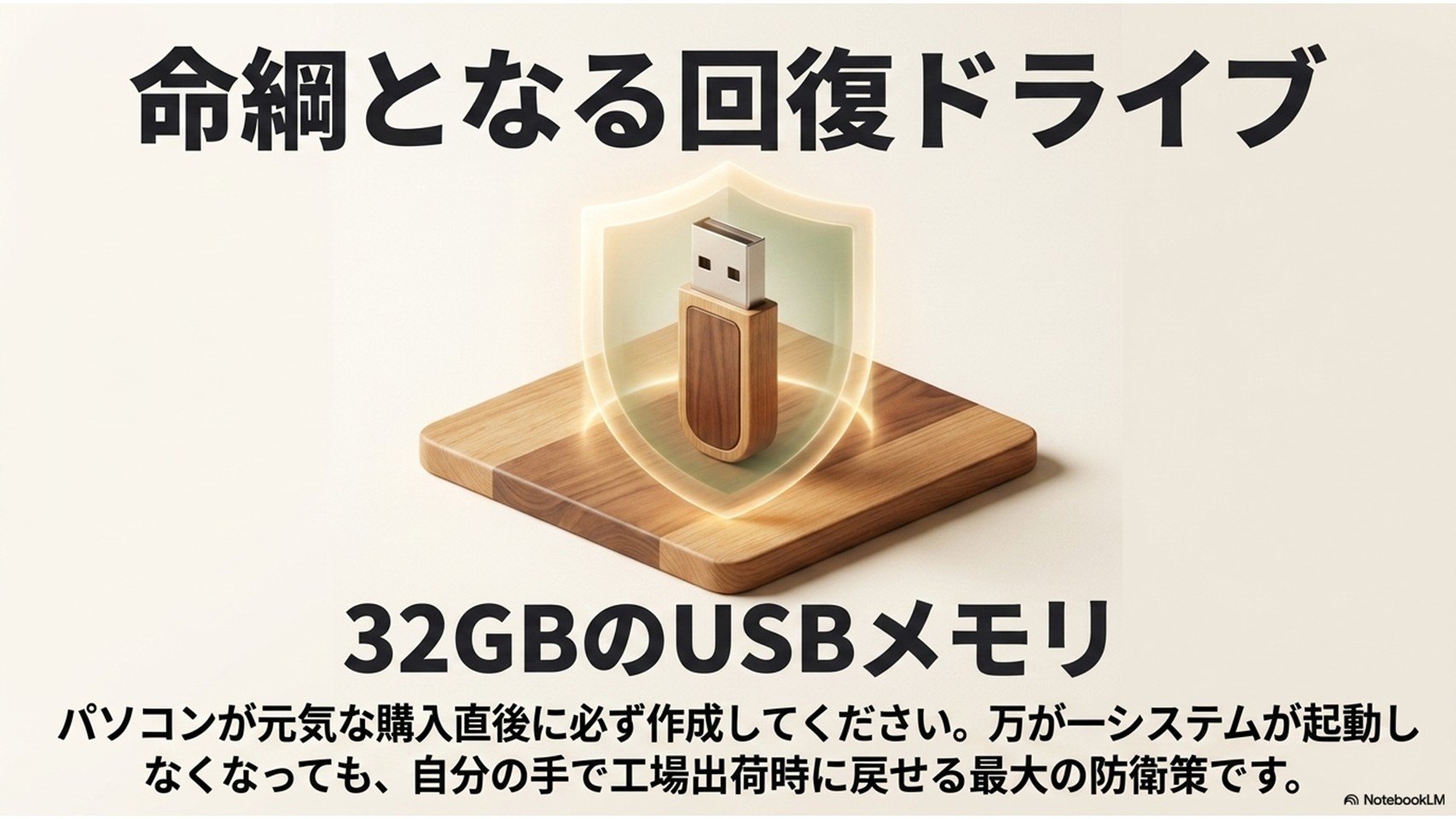 「命綱となる回復ドライブ」という見出しのスライド。32GBのUSBメモリを用意し、購入直後に作成することを推奨。システム起動不能に備えた最大の防衛策であることを説明しています