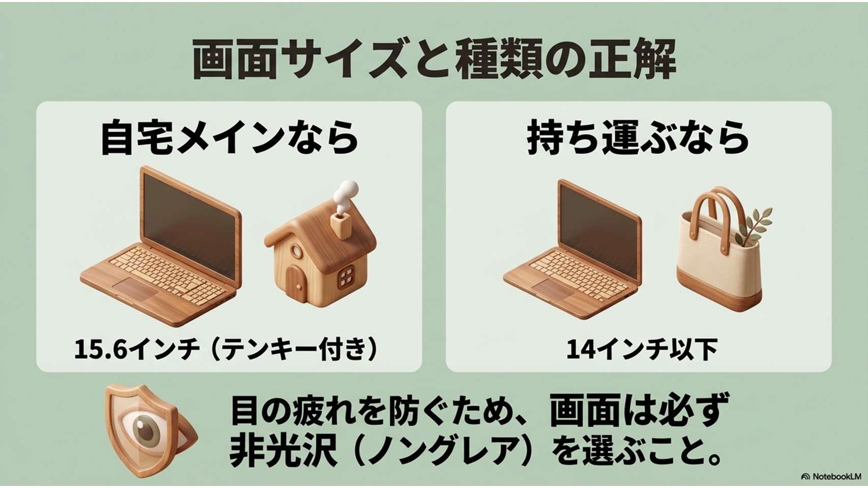 「画面サイズと種類の正解」という見出しのスライド。自宅メインなら15.6インチ、持ち運ぶなら14インチ以下を推奨し、目の疲れを防ぐために「非光沢(ノングレア)」を選ぶべきだと記載されています