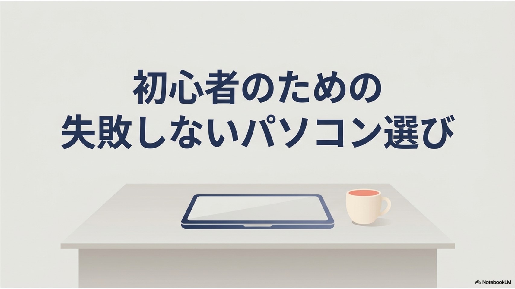 初心者のための失敗しないパソコン選びというタイトルテキストと、机の上に置かれたノートパソコンとコーヒーカップのイラスト