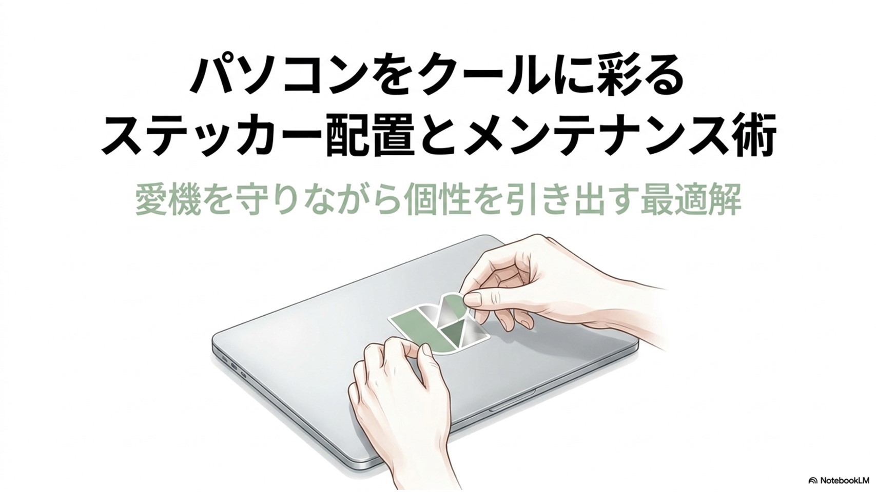 ノートパソコンの天板にステッカーを慎重に貼り付けている手元のイラスト。中央に「パソコンをクールに彩るステッカー配置とメンテナンス術」という大きなタイトルと、「愛機を守りながら個性を引き出す最適解」というサブタイトルが記載されています