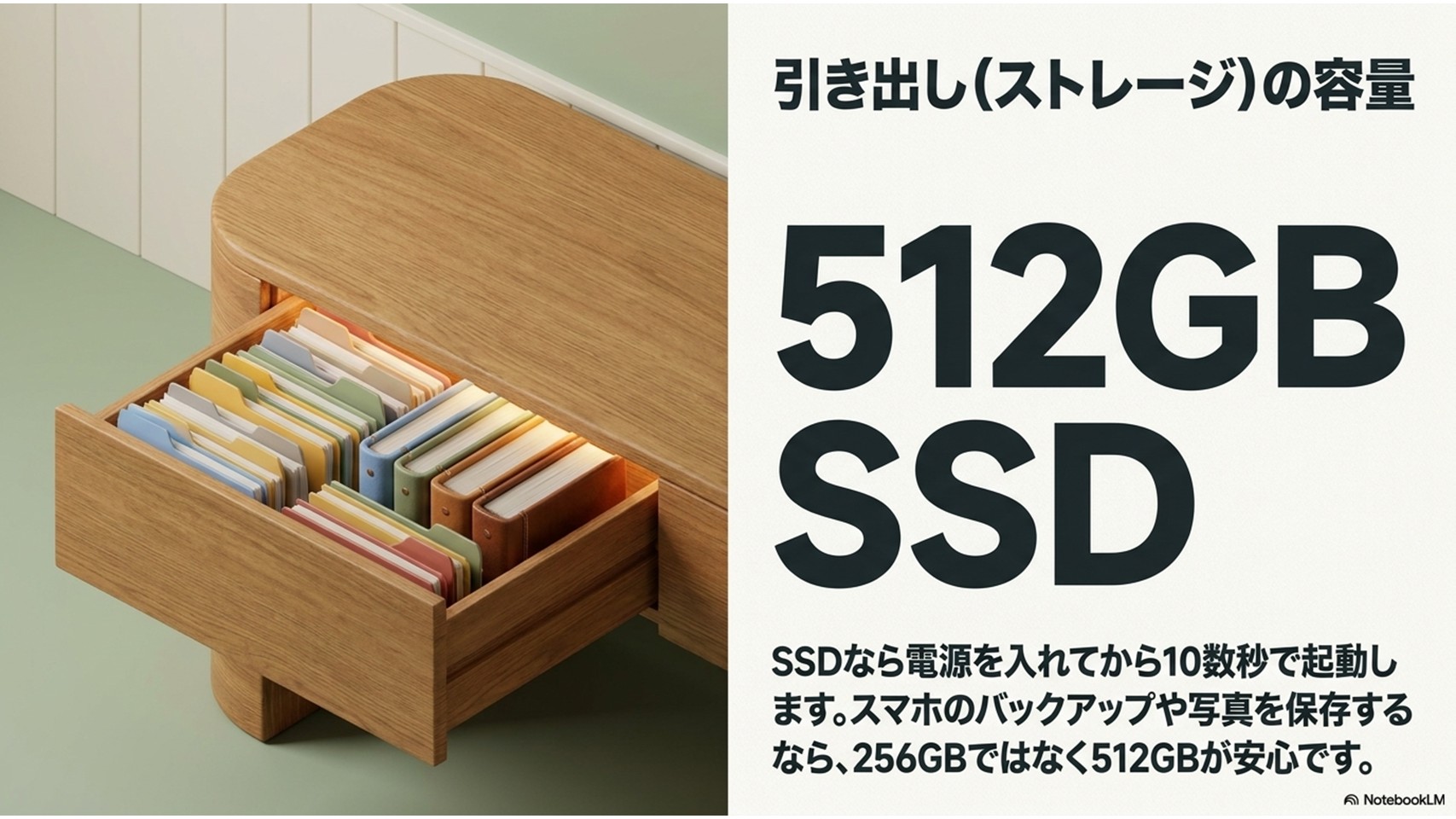 「引き出し(ストレージ)の容量」という見出しのスライド。512GB SSDを推奨。SSDは起動が十数秒と速いことや、バックアップを考慮すると256GBより512GBが安心であることを説明しています