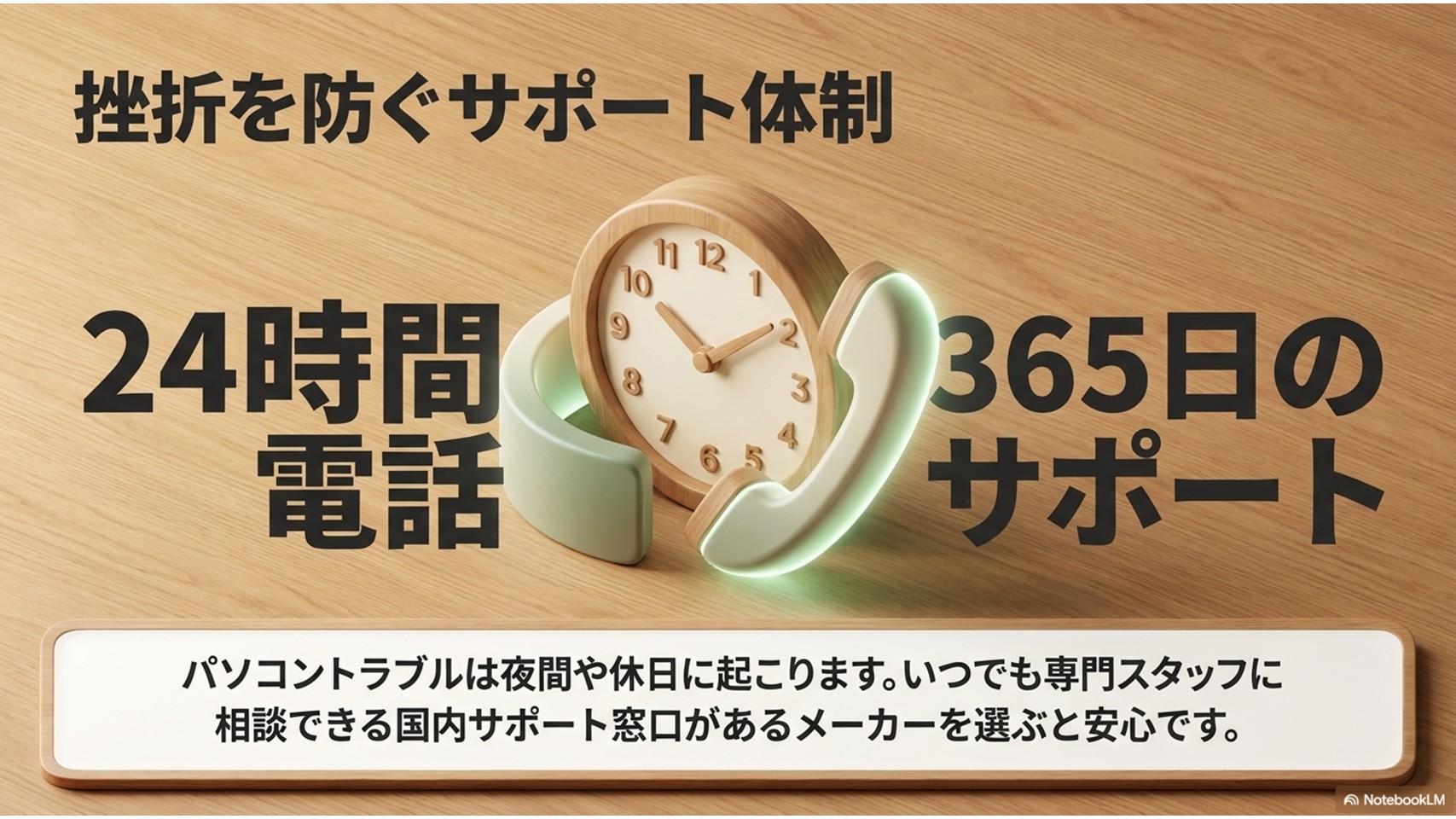 「挫折を防ぐサポート体制」という見出しのスライド。「24時間365日の電話サポート」を強調し、夜間や休日でも専門スタッフに相談できる国内サポートがあるメーカー選びの重要性を説いています