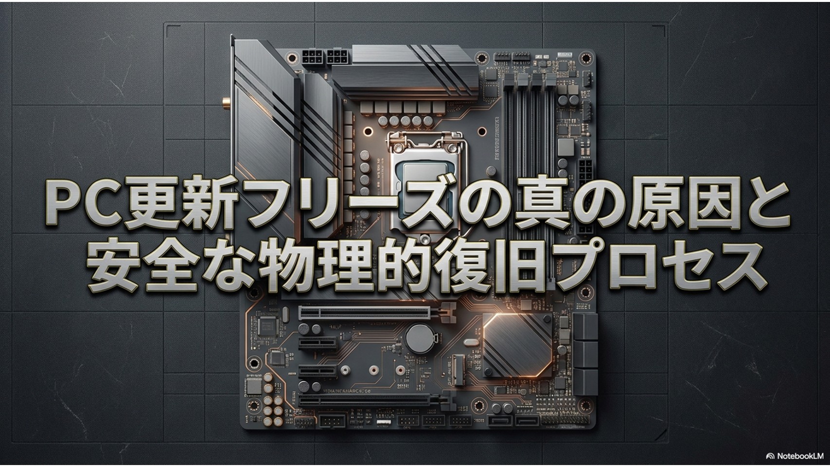 PCの更新が止まる原因をハードウェアの観点から解説する記事のメインタイトル画像。マザーボードが精密なグリッド上に置かれたデザイン