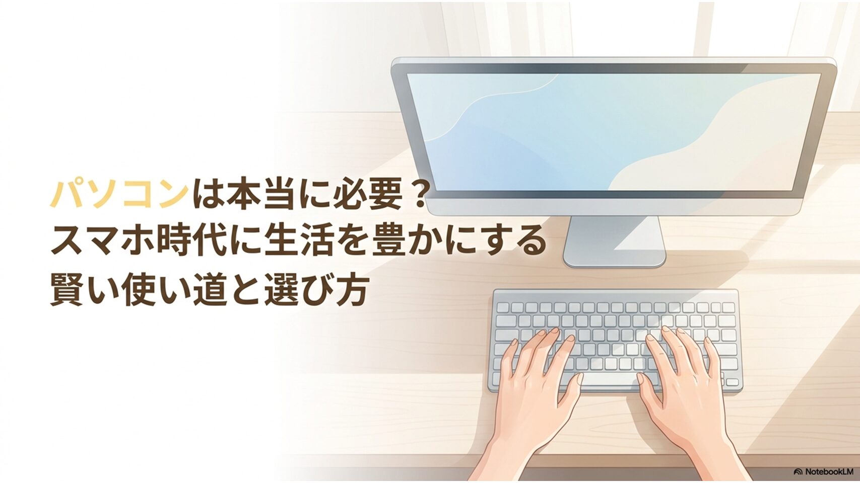 パソコンは本当に必要？スマホ時代に生活を豊かにする賢い使い道と選び方というタイトルが書かれた、パソコンとキーボード、マウスが置かれたデスクのイラスト