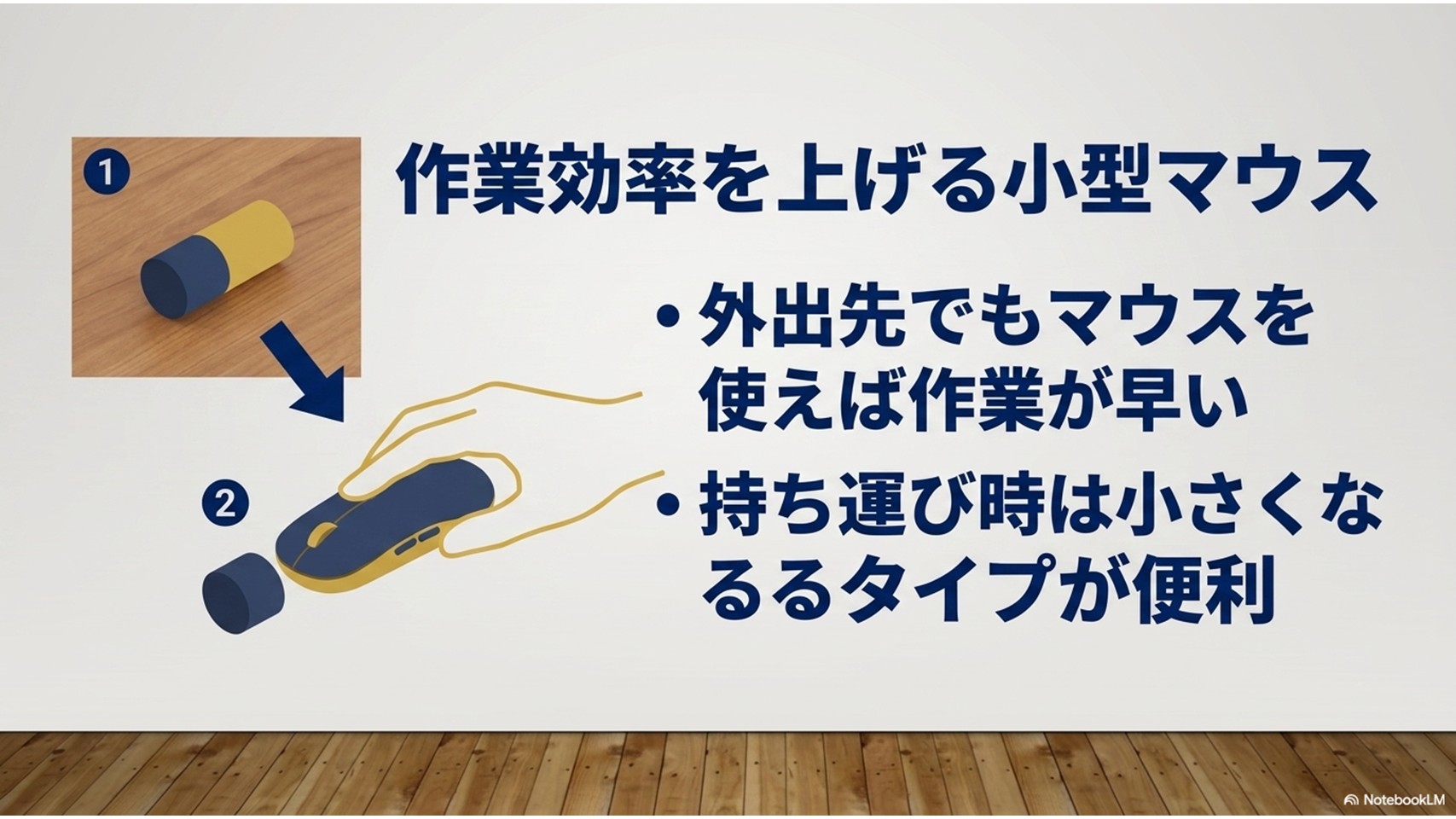 外出先での作業効率を高める小型マウスの活用法。携帯性、静音性、マウスパッドの併用についてまとめたスライド
