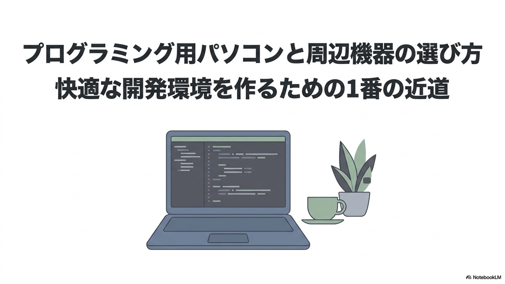 プログラミング用パソコンと周辺機器（マウス、キーボード、モニター）の選び方を解説するタイトルスライド。ノートパソコンのイラストが描かれています