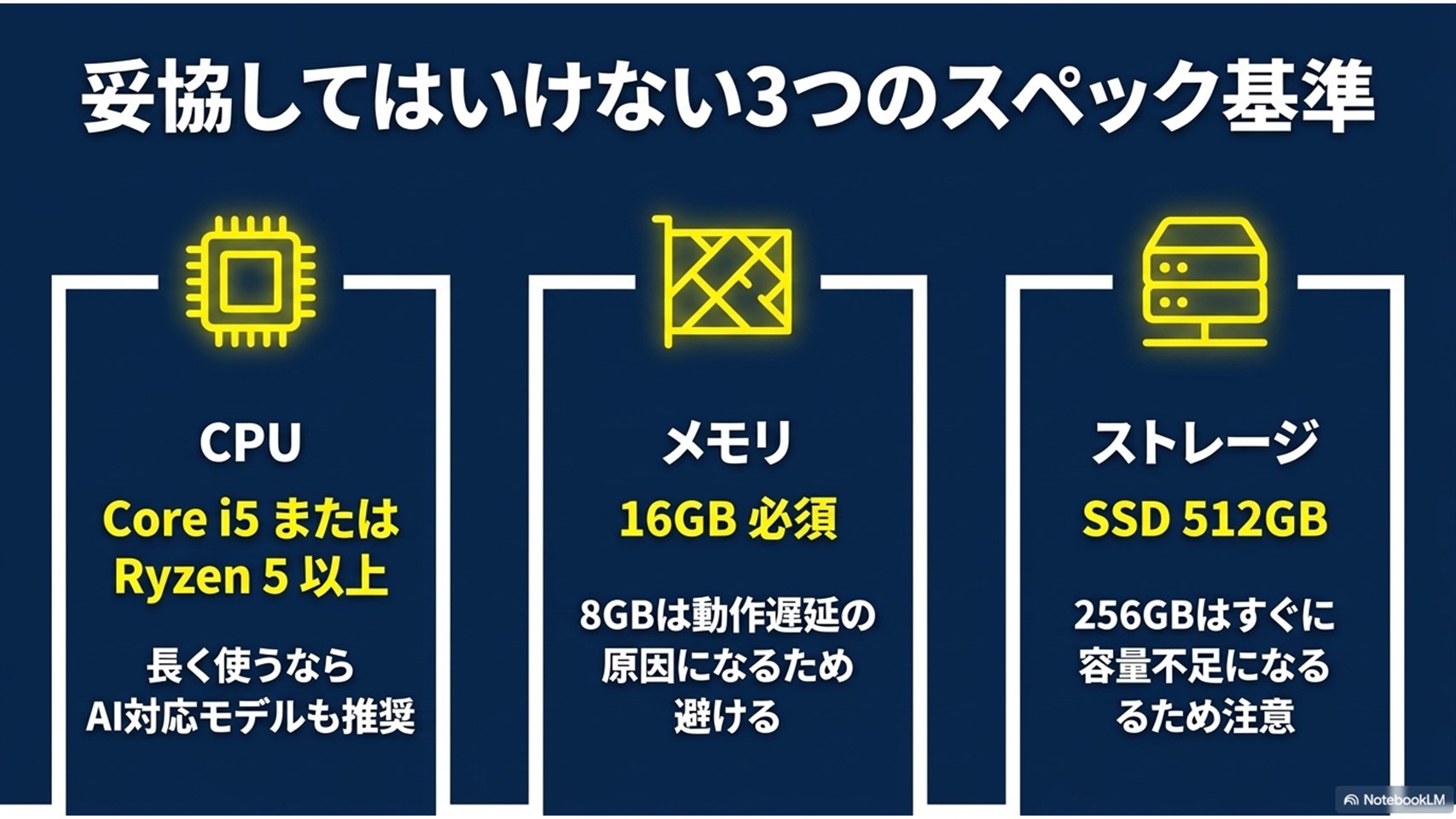妥協してはいけない3つのスペック基準の図解。CPUはCore i5またはRyzen 5以上(長く使うならAI対応モデルも推奨)、メモリは16GB必須(8GBは避ける)、ストレージはSSD 512GBを推奨