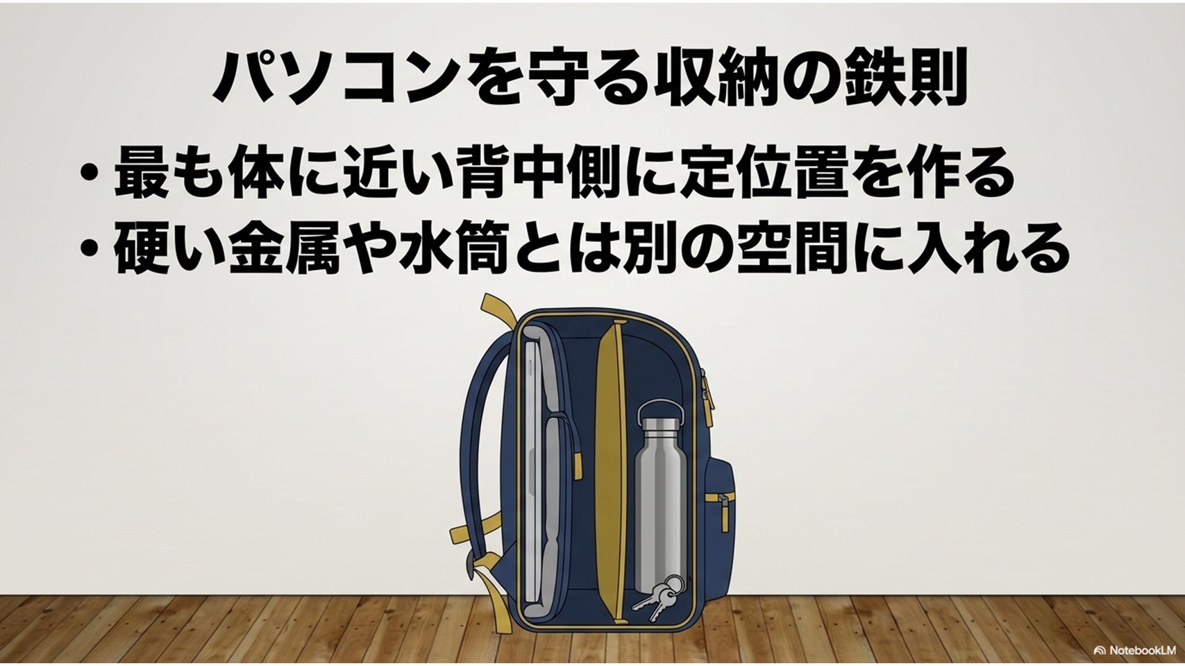 カバン内部でのPCの正しい配置を説明するスライド。背中側に配置し、硬い金属や水筒とは別の空間に分けることを図解
