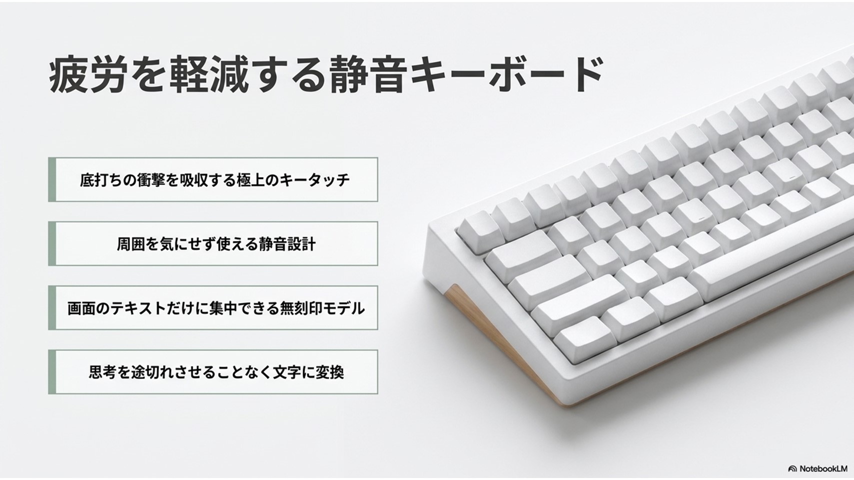 長時間のタイピング疲労を軽減するおすすめの静音キーボードの特徴。衝撃を吸収する極上のキータッチ、周囲を気にせず使える静音設計、画面に集中できる無刻印モデル