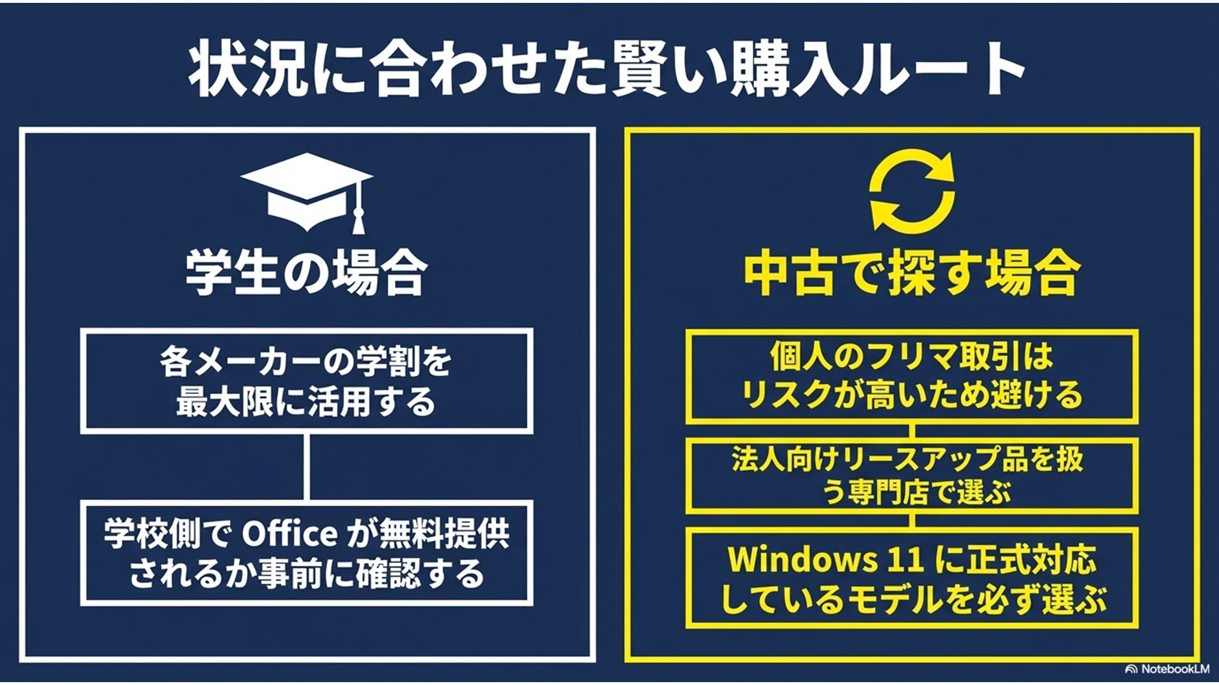 状況に合わせた賢い購入ルートの図解。学生の場合は各メーカーの学割を活用し、Officeが無料提供されるか確認する。中古で探す場合は個人のフリマ取引を避け、法人向けリースアップ品を扱う専門店を選び、Windows 11正式対応モデルを選ぶ