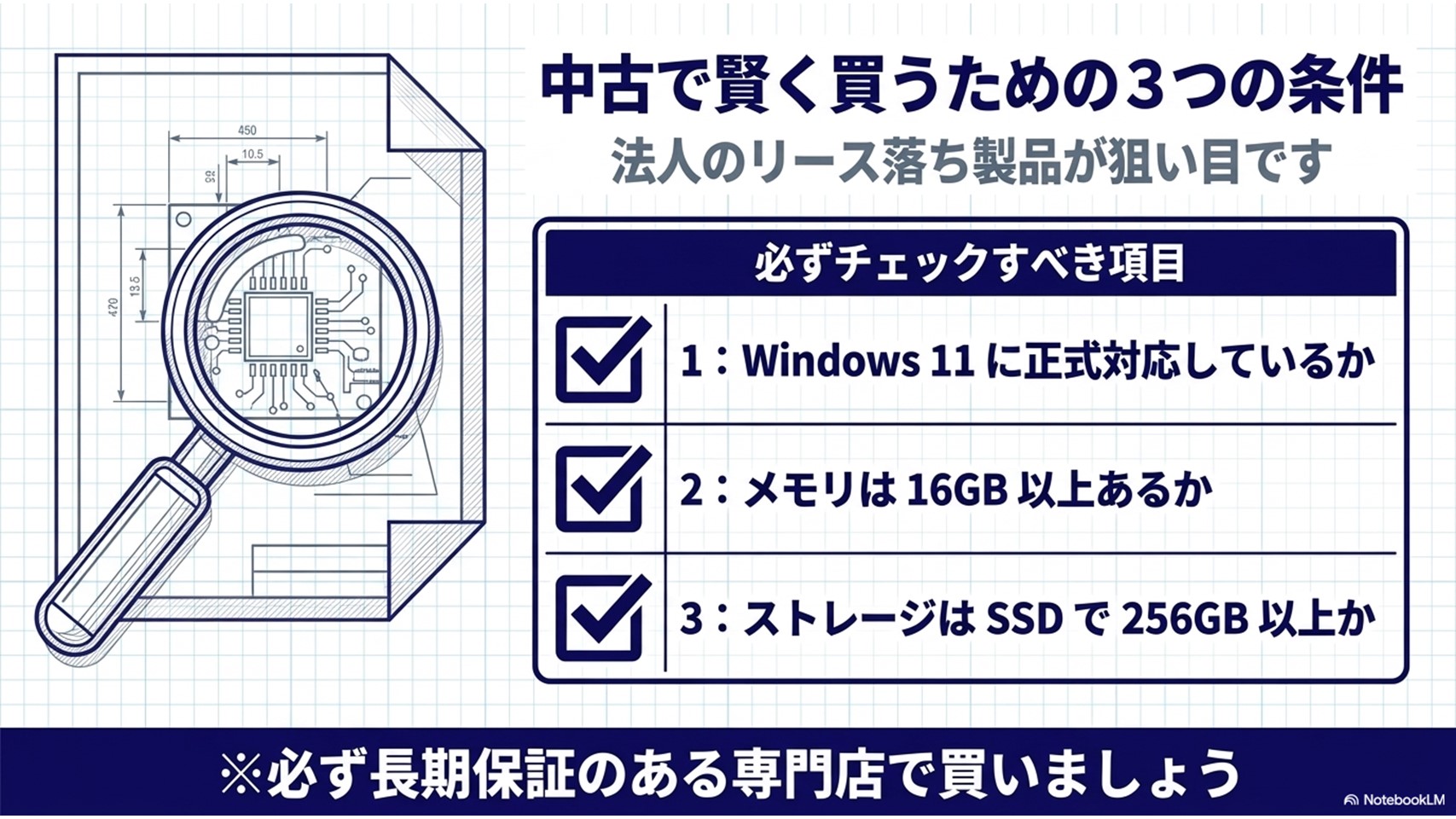 中古で賢く買うための3つの条件。Windows11正式対応、メモリ16GB以上、ストレージSSD256GB以上という必ずチェックすべき項目