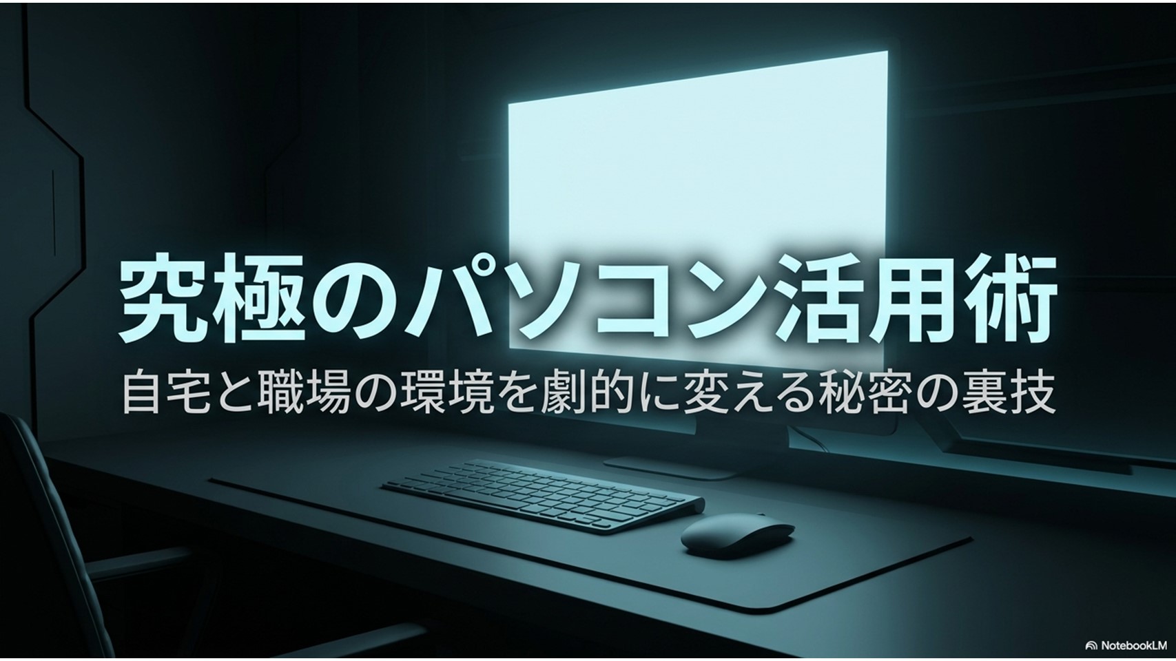 暗い部屋で水色のネオンに照らされたスタイリッシュなPCデスク環境